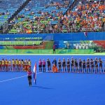 Nederlandse hockeysters in actie op de Olympische Spelen